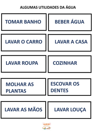LAVAR AS MÃOS LAVAR LOUÇA
TOMAR BANHO BEBER ÁGUA
LAVAR O CARRO LAVAR A CASA
LAVAR ROUPA COZINHAR
MOLHAR AS
PLANTAS
ESCOVAR OS
DENTES
ALGUMAS UTILIDADES DA ÁGUA
 