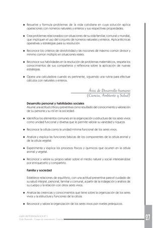 GUÍA METODOLÓGICA Nº 1
Ciclo Avanzado - Campo de conocimiento: Ciencias 27
◆ Resuelve y formula problemas de la vida cotidiana en cuya solución aplica
operaciones con números naturales y enteros y sus respectivas propiedades.
◆ Crea problemas relacionados con situaciones de su vida familiar, comunal y mundial,
que impliquen el uso del conjunto de números naturales y enteros. Aplica técnicas
operativas y estrategias para su resolución.
◆ Reconoce los criterios de divisibilidad y las nociones de máximo común divisor y
mínimo común múltiplo en situaciones reales.
◆ Reconoce sus habilidades en la resolución de problemas matemáticos, respeta los
conocimientos de sus compañeros y reflexiona sobre la aplicación de nuevas
estrategias.
◆ Opera una calculadora cuando es pertinente, siguiendo una rutina para efectuar
cálculos con naturales y enteros.
Área de Desarrollo humano
(Ciencia, Ambiente y Salud)
Desarrollo personal y habilidades sociales
Asume una actitud crítica y preventiva como resultado del conocimiento y valoración
de su persona y su rol en la sociedad.
◆ Identifica los elementos comunes en la organización y estructura de los seres vivos
como unidad funcional y diversa que le permite valorar su variedad y riqueza.
◆ Reconoce la célula como la unidad mínima funcional de los seres vivos.
◆ Analiza y explica las funciones básicas de los componentes de la célula animal y
de la célula vegetal.
◆ Experimenta y explica los procesos físicos y químicos que ocurren en la célula
animal y vegetal.
◆ Reconoce y valora su propio saber sobre el medio natural y social interesándose
por enriquecerlo y compartirlo.
Familia y sociedad
Establece relaciones de equilibrio, con una actitud preventiva para el cuidado de
su salud integral, personal, familiar y comunal, a partir de la indagación y análisis de
su cuerpo y la relación con otros seres vivos.
◆ Analiza las creencias y conocimientos que tiene sobre la organización de los seres
vivos y la estructura y funciones de la célula.
◆ Reconoce y valora la organización de los seres vivos por niveles jerárquicos.
 