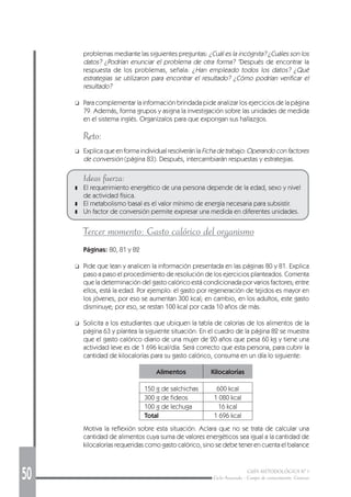 50 GUÍA METODOLÓGICA Nº 1
Ciclo Avanzado - Campo de conocimiento: Ciencias
problemas mediante las siguientes preguntas: ¿Cuál es la incógnita? ¿Cuáles son los
datos? ¿Podrían enunciar el problema de otra forma? “Después de encontrar la
respuesta de los problemas, señala: ¿Han empleado todos los datos? ¿Qué
estrategias se utilizaron para encontrar el resultado? ¿Cómo podrían verificar el
resultado?
❑ Para complementar la información brindada pide analizar los ejercicios de la página
79. Además, forma grupos y asigna la investigación sobre las unidades de medida
en el sistema inglés. Organízalos para que expongan sus hallazgos.
Reto:
❑ Explica que en forma individual resolverán la Ficha de trabajo: Operando con factores
de conversión (página 83). Después, intercambiarán respuestas y estrategias.
Ideas fuerza:
❚ El requerimiento energético de una persona depende de la edad, sexo y nivel
de actividad física.
❚ El metabolismo basal es el valor mínimo de energía necesaria para subsistir.
❚ Un factor de conversión permite expresar una medida en diferentes unidades.
Tercer momento: Gasto calórico del organismo
Páginas: 80, 81 y 82
❑ Pide que lean y analicen la información presentada en las páginas 80 y 81. Explica
paso a paso el procedimiento de resolución de los ejercicios planteados. Comenta
que la determinación del gasto calórico está condicionada por varios factores; entre
ellos, está la edad. Por ejemplo: el gasto por regeneración de tejidos es mayor en
los jóvenes, por eso se aumentan 300 kcal; en cambio, en los adultos, este gasto
disminuye; por eso, se restan 100 kcal por cada 10 años de más.
❑ Solicita a los estudiantes que ubiquen la tabla de calorías de los alimentos de la
página 63 y plantea la siguiente situación: En el cuadro de la página 82 se muestra
que el gasto calórico diario de una mujer de 20 años que pesa 60 kg y tiene una
actividad leve es de 1 696 kcal/día. Será correcto que esta persona, para cubrir la
cantidad de kilocalorías para su gasto calórico, consuma en un día lo siguiente:
Alimentos Kilocalorías
150 g de salchichas 600 kcal
300 g de fideos 1 080 kcal
100 g de lechuga 16 kcal
Total 1 696 kcal
Motiva la reflexión sobre esta situación. Aclara que no se trata de calcular una
cantidad de alimentos cuya suma de valores energéticos sea igual a la cantidad de
kilocalorías requeridas como gasto calórico, sino se debe tener en cuenta el balance
 