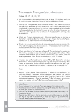 66 GUÍA METODOLÓGICA Nº 1
Ciclo Avanzado - Campo de conocimiento: Ciencias
Tercer momento: Formas geométricas en la naturaleza
Páginas: 130, 131, 132, 133 y 134
❑ Pide a los estudiantes observar las imágenes de la página 130. Mediante una lluvia
de ideas recoge sus respuestas a las preguntas planteadas y coméntalas.
❑ Forma grupos. Entrega a cada grupo palitos de dientes u otro material y plastilina
para que armen dos figuras geométricas de su elección. Después que las presenten
mencionando el material utilizado. Por ejemplo, para el cuadrado se han utilizado
4 palitos y cuatro bolitas de plastilina. Introduce la noción de rectas e intersecciones,
señalando que los 4 palitos serían las rectas y las bolitas de plastilina son los puntos
de intersección.
❑ Solicita que observen objetos del aula y determinen aquellos que se asemejan a
alguna figura geométrica. Solicita voluntarios para que dibujen algunas de las figuras.
Identifica con los estudiantes los elementos de las figuras.
❑ Orienta a los estudiantes en la lectura de los textos presentados en las páginas 130,
131 y 132. Plantea preguntas de comprensión e invítalos a desarrollar la actividad.
Motívalos a intercambiar sus respuestas.
❑ Solicita que observen las figuras que realizaron. En forma voluntaria los estudiantes
elaboran los postulados correspondientes. Explica que la geometría se basa en tres
conceptos fundamentales que se aceptan sin definirlos y que forman parte del
espacio geométrico, o sea, el conjunto formado por todos los puntos.
❑ Invítalos a leer la información de las páginas 133 y 134. Organízalos para que
desarrollen la investigación sobre polígonos regulares. Proporciona libros y otras
fuentes de información. Brinda el apoyo necesario y aclara las dudas que surjan.
Después, solicita que cada grupo presente los resultados de su investigación.
Reto:
❑ Pregunta a los estudiantes sobre objetos de su entorno que se asemejen a los
polígonos regulares e irregulares. Forma grupos para que elaboren con material
reciclado algunos polígonos. Al final de la presentación de los trabajos plantea
preguntas de evaluación: ¿Cómo se organizaron? ¿Qué dificultades tuvieron que
superar para realizar este reto? ¿Qué lecciones les deja esta actividad?
Ideas fuerza:
❚ Dos puntos determinan una recta. Por un punto pasan infinidad de rectas.
❚ Podemos considerar la línea recta como un conjunto de puntos dispuestos de
tal modo que siguen una misma dirección.
❚ Los puntos se nombran con letras mayúsculas y se representan por un trazo, un
circulito o una cruz.
❚ El punto no se define, pero algunos ejemplos nos dan la idea de punto: la huella
que deja en el papel un lápiz afilado, la marca que deja una aguja sobre una
cartulina, una estrella en el firmamento, etc.
 