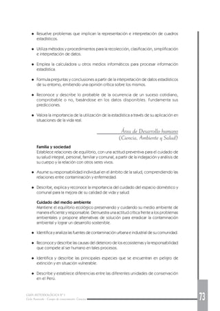 GUÍA METODOLÓGICA Nº 1
Ciclo Avanzado - Campo de conocimiento: Ciencias 73
◆ Resuelve problemas que implican la representación e interpretación de cuadros
estadísticos.
◆ Utiliza métodos y procedimientos para la recolección, clasificación, simplificación
e interpretación de datos.
◆ Emplea la calculadora u otros medios informáticos para procesar información
estadística.
◆ Formula preguntas y conclusiones a partir de la interpretación de datos estadísticos
de su entorno, emitiendo una opinión crítica sobre los mismos.
◆ Reconoce y describe lo probable de la ocurrencia de un suceso cotidiano,
comprobable o no, basándose en los datos disponibles. Fundamenta sus
predicciones.
◆ Valora la importancia de la utilización de la estadística a través de su aplicación en
situaciones de la vida real.
Área de Desarrollo humano
(Ciencia, Ambiente y Salud)
Familia y sociedad
Establece relaciones de equilibrio, con una actitud preventiva para el cuidado de
su salud integral, personal, familiar y comunal, a partir de la indagación y análisis de
su cuerpo y la relación con otros seres vivos.
◆ Asume su responsabilidad individual en el ámbito de la salud, comprendiendo las
relaciones entre contaminación y enfermedad.
◆ Describe, explica y reconoce la importancia del cuidado del espacio doméstico y
comunal para la mejora de su calidad de vida y salud.
Cuidado del medio ambiente
Mantiene el equilibrio ecológico preservando y cuidando su medio ambiente de
manera eficiente y responsable. Demuestra una actitud crítica frente a los problemas
ambientales y propone alternativas de solución para erradicar la contaminación
ambiental y lograr un desarrollo sostenible.
◆ Identifica y analiza las fuentes de contaminación urbana e industrial de su comunidad.
◆ Reconoce y describe las causas del deterioro de los ecosistemas y la responsabilidad
que compete al ser humano en tales procesos.
◆ Identifica y describe las principales especies que se encuentran en peligro de
extinción y en situación vulnerable.
◆ Describe y establece diferencias entre las diferentes unidades de conservación
en el Perú.
 