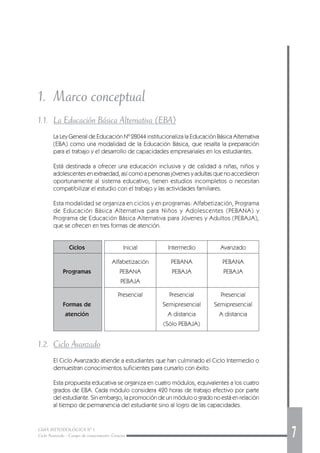 GUÍA METODOLÓGICA Nº 1
Ciclo Avanzado - Campo de conocimiento: Ciencias 7
1. Marco conceptual
1.1. La Educación Básica Alternativa (EBA)
La Ley General de Educación Nº 28044 institucionaliza la Educación Básica Alternativa
(EBA) como una modalidad de la Educación Básica, que resalta la preparación
para el trabajo y el desarrollo de capacidades empresariales en los estudiantes.
Está destinada a ofrecer una educación inclusiva y de calidad a niñas, niños y
adolescentes en extraedad, así como a personas jóvenes y adultas que no accedieron
oportunamente al sistema educativo, tienen estudios incompletos o necesitan
compatibilizar el estudio con el trabajo y las actividades familiares.
Esta modalidad se organiza en ciclos y en programas: Alfabetización, Programa
de Educación Básica Alternativa para Niños y Adolescentes (PEBANA) y
Programa de Educación Básica Alternativa para Jóvenes y Adultos (PEBAJA),
que se ofrecen en tres formas de atención.
1.2. Ciclo Avanzado
El Ciclo Avanzado atiende a estudiantes que han culminado el Ciclo Intermedio o
demuestran conocimientos suficientes para cursarlo con éxito.
Esta propuesta educativa se organiza en cuatro módulos, equivalentes a los cuatro
grados de EBA. Cada módulo considera 420 horas de trabajo efectivo por parte
del estudiante. Sin embargo, la promoción de un módulo o grado no está en relación
al tiempo de permanencia del estudiante sino al logro de las capacidades.
Ciclos Inicial Intermedio Avanzado
Alfabetización PEBANA PEBANA
Programas PEBANA PEBAJA PEBAJA
PEBAJA
Presencial Presencial Presencial
Formas de Semipresencial Semipresencial
atención A distancia A distancia
(Sólo PEBAJA)
 