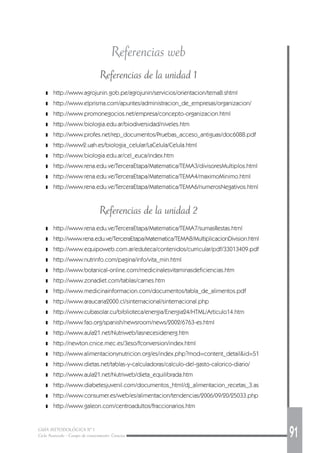 GUÍA METODOLÓGICA Nº 1
Ciclo Avanzado - Campo de conocimiento: Ciencias 91
Referencias web
Referencias de la unidad 1
❚ http://www.agrojunin.gob.pe/agrojunin/servicios/orientacion/tema8.shtml
❚ http://www.elprisma.com/apuntes/administracion_de_empresas/organizacion/
❚ http://www.promonegocios.net/empresa/concepto-organizacion.html
❚ http://www.biologia.edu.ar/biodiversidad/niveles.htm
❚ http://www.profes.net/rep_documentos/Pruebas_acceso_antiguas/doc6088.pdf
❚ http://www2.uah.es/biologia_celular/LaCelula/Celula.html
❚ http://www.biologia.edu.ar/cel_euca/index.htm
❚ http://www.rena.edu.ve/TerceraEtapa/Matematica/TEMA3/divisoresMultiplos.html
❚ http://www.rena.edu.ve/TerceraEtapa/Matematica/TEMA4/maximoMinimo.html
❚ http://www.rena.edu.ve/TerceraEtapa/Matematica/TEMA6/numerosNegativos.html
Referencias de la unidad 2
❚ http://www.rena.edu.ve/TerceraEtapa/Matematica/TEMA7/sumasRestas.html
❚ http://www.rena.edu.ve/TerceraEtapa/Matematica/TEMA8/MultiplicacionDivision.html
❚ http://www.equipoweb.com.ar/eduteca/contenidos/curricular/pdf/33013409.pdf
❚ http://www.nutrinfo.com/pagina/info/vita_min.html
❚ http://www.botanical-online.com/medicinalesvitaminasdeficiencias.htm
❚ http://www.zonadiet.com/tablas/carnes.htm
❚ http://www.medicinainformacion.com/documentos/tabla_de_alimentos.pdf
❚ http://www.araucaria2000.cl/sinternacional/sinternacional.php
❚ http://www.cubasolar.cu/biblioteca/energia/Energia24/HTML/Articulo14.htm
❚ http://www.fao.org/spanish/newsroom/news/2002/6763-es.html
❚ http://www.aula21.net/Nutriweb/lasnecesidenerg.htm
❚ http://newton.cnice.mec.es/3eso/fconversion/index.html
❚ http://www.alimentacionynutricion.org/es/index.php?mod=content_detail&id=51
❚ http://www.dietas.net/tablas-y-calculadoras/calculo-del-gasto-calorico-diario/
❚ http://www.aula21.net/Nutriweb/dieta_equilibrada.htm
❚ http://www.diabetesjuvenil.com/documentos_html/dj_alimentacion_recetas_3.as
❚ http://www.consumer.es/web/es/alimentacion/tendencias/2006/09/20/25033.php
❚ http://www.galeon.com/centroadultos/fraccionarios.htm
 