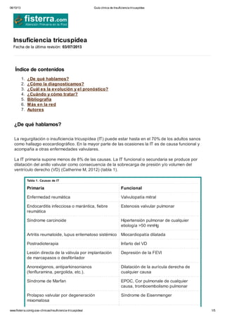 06/10/13 Guía clínica de Insuficiencia tricuspídea
www.fisterra.com/guias-clinicas/insuficiencia-tricuspidea/ 1/5
Insuficiencia tricuspídea
Fecha de la última revisión: 03/07/2013
Índice de contenidos
1. ¿De qué hablamos?
2. ¿Cómo la diagnosticamos?
3. ¿Cuál es la evolución y el pronóstico?
4. ¿Cuándo y cómo tratar?
5. Bibliografía
6. Más en la red
7. Autores
¿De qué hablamos?
La regurgitación o insuficiencia tricuspídea (IT) puede estar hasta en el 70% de los adultos sanos
como hallazgo ecocardiográfico. En la mayor parte de las ocasiones la IT es de causa funcional y
acompaña a otras enfermedades valvulares.
La IT primaria supone menos de 8% de las causas. La IT funcional o secundaria se produce por
dilatación del anillo valvular como consecuencia de la sobrecarga de presión y/o volumen del
ventrículo derecho (VD) (Catherine M, 2012) (tabla 1).
Tabla 1. Causas de IT
Primaria Funcional
Enfermedad reumática Valvulopatía mitral
Endocarditis infecciosa o marántica, fiebre
reumática
Estenosis valvular pulmonar
Síndrome carcinoide Hipertensión pulmonar de cualquier
etiología >50 mmHg
Artritis reumatoide, lupus eritematoso sistémico Miocardiopatía dilatada
Postradioterapia Infarto del VD
Lesión directa de la válvula por implantación
de marcapasos o desfibrilador
Depresión de la FEVI
Anorexígenos, antiparkinsonianos
(fenfluramina, pergolida, etc.).
Dilatación de la aurícula derecha de
cualquier causa
Síndrome de Marfan EPOC, Cor pulmonale de cualquier
causa, tromboembolismo pulmonar
Prolapso valvular por degeneración
mixomatosa
Síndrome de Eisenmenger
 