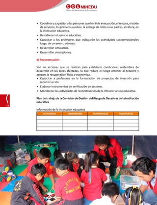 C O E MINEDU
Centro de Operaciones de Emergencia
58
•	 Coordinar y capacitar a las personas que harán la evacuación, el rescate, el corte
de servicios, los primeros auxilios, la entrega de niños a sus padres, etcétera, en
la institución educativa.
•	 Restablecer el servicio educativo.
•	 Capacitar a los profesores que trabajarán las actividades socioemocionales
luego de un evento adverso.
•	 Desarrollar simulacros.
•	 Desarrollar simulaciones.
	
d) Reconstrucción
Son las acciones que se realizan para establecer condiciones sostenibles de
desarrollo en las áreas afectadas, lo que reduce el riesgo anterior al desastre y
asegura la recuperación física y económica.
•	 Capacitar a profesores en la formulación de proyectos de inversión para
reconstrucción.
•	 Elaborar instrumentos de verificación de acciones.
•	 Monitorear las actividades de reconstrucción de la infraestructura educativa.
Plan de trabajo de la Comisión de Gestión del Riesgo de Desastres de la institución
educativa
Información de la institución educativa
ACTIVIDADES CRONOGRAMA RESPONSABLES PRESUPUESTO
 