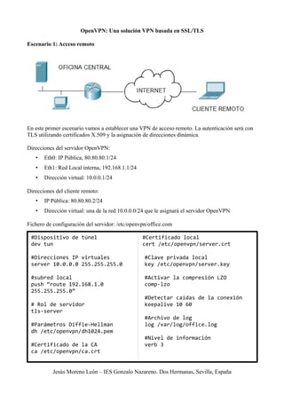 OpenVPN: Una solución VPN basada en SSL/TLS

Escenario 1: Acceso remoto




En este primer escenario vamos a establecer una VPN de acceso remoto. La autenticación será con
TLS utilizando certificados X.509 y la asignación de direcciones dinámica.

Direcciones del servidor OpenVPN:
   •   Eth0: IP Pública, 80.80.80.1/24
   •   Eth1: Red Local interna, 192.168.1.1/24
   •   Dirección virtual: 10.0.0.1/24

Direcciones del cliente remoto:
   •   IP Pública: 80.80.80.2/24
   •   Dirección virtual: una de la red 10.0.0.0/24 que le asignará el servidor OpenVPN

Fichero de configuración del servidor: /etc/openvpn/office.com

 #Dispositivo de túnel                           #Certificado local
 dev tun                                         cert /etc/openvpn/server.crt

 #Direcciones IP virtuales                        #Clave privada local
 server 10.0.0.0 255.255.255.0                    key /etc/openvpn/server.key

 #subred local                                    #Activar la compresión LZO
 push “route 192.168.1.0                          comp-lzo
 255.255.255.0”
                                                  #Detectar caídas de la conexión
 # Rol de servidor                                keepalive 10 60
 tls-server
                                                  #Archivo de log
 #Parámetros Diffie-Hellman                       log /var/log/office.log
 dh /etc/openvpn/dh1024.pem
                                                  #Nivel de información
 #Certificado de la CA                            verb 3
 ca /etc/openvpn/ca.crt


           Jesús Moreno León – IES Gonzalo Nazareno. Dos Hermanas, Sevilla, España
 