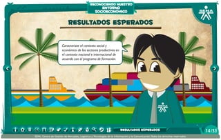 reconociendo nuestro

entorno
socioeconómico

Resultados esperados
Caracterizar el contexto social y
económico de los sectores productivos en
el contexto nacional e internacional de
acuerdo con el programa de formación.

resultados esperados
SENA, Centro de Gestión de Mercados, Logística y Tecnologías de la Información y la Comunicación.Todos los derechos reservados

14 /33

 