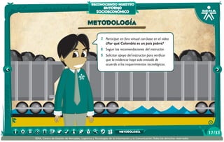 reconociendo nuestro

entorno
socioeconómico

Metodología
7.	 Participar en foro virtual con base en el video
¿Por qué Colombia es un país pobre?
8.	 Seguir las recomendaciones del instructor.
9.	 Solicitar apoyo del instructor para verificar
que la evidencia haya sido enviada de
acuerdo a los requerimientos tecnológicos.

metodología
SENA, Centro de Gestión de Mercados, Logística y Tecnologías de la Información y la Comunicación.Todos los derechos reservados

17 /33

 