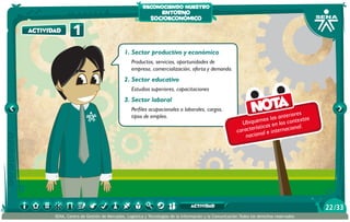 reconociendo nuestro

actividad

1

entorno
socioeconómico

1. Sector productivo y económico
Productos, servicios, oportunidades de
empresa, comercialización, oferta y demanda.

2. Sector educativo
Estudios superiores, capacitaciones

3. Sector laboral
Perfiles ocupacionales o laborales, cargos,
tipos de empleo.

Nota

iores
as anter ntextos
os l
Ubiquem as en los co .
nal
ístic
caracter nal e internacio
nacio

actividad
SENA, Centro de Gestión de Mercados, Logística y Tecnologías de la Información y la Comunicación.Todos los derechos reservados

22 /33

 