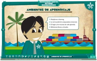 reconociendo nuestro

entorno
socioeconómico

ambientes de aprendizaje
1.	Plataforma e-learning.
2.	La red mundial de computadores (internet).
3.	El hogar y los recursos de cada aprendiz.
4.	Bibliotecas físicas y virtuales.

inicio
ambientes de aprendizaje
SENA, Centro de Gestión de Mercados, Logística y Tecnologías de la Información y la Comunicación.Todos los derechos reservados

26 /33

 