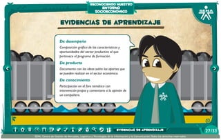 reconociendo nuestro

entorno
socioeconómico

Evidencias de aprendizaje
De desempeño
Composición gráfica de las características y
oportunidades del sector productivo al que
pertenece el programa de formación.

De producto
Documento con las ideas sobre los aportes que
se pueden realizar en el sector económico.

De conocimiento
Participación en el foro temático con
intervención propia y comentario a la opinión de
un compañero.

evidencias de aprendizaje
SENA, Centro de Gestión de Mercados, Logística y Tecnologías de la Información y la Comunicación.Todos los derechos reservados

27 /33

 