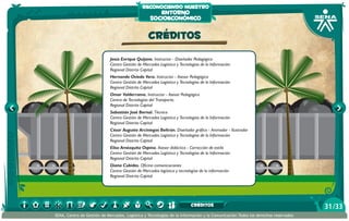 reconociendo nuestro

entorno
socioeconómico

CRÉDITOS
Jesús Enrique Quijano. Instructor - Diseñador Pedagógico
Centro Gestión de Mercados Logística y Tecnologías de la Información
Regional Distrito Capital
Hernando Oviedo Vera. Instructor - Asesor Pedagógico
Centro Gestión de Mercados Logística y Tecnologías de la Información
Regional Distrito Capital
Omar Valderrama. Instructor - Asesor Pedagógico
Centro de Tecnologías del Transporte,
Regional Distrito Capital
Sebastián José Bernal. Técnico
Centro Gestión de Mercados Logística y Tecnologías de la Información
Regional Distrito Capital
César Augusto Arciniegas Beltrán. Diseñador gráfico - Animador - Ilustrador
Centro Gestión de Mercados Logística y Tecnologías de la Información
Regional Distrito Capital
Elisa Amézquita Ospina. Asesor didáctico - Corrección de estilo
Centro Gestión de Mercados Logística y Tecnologías de la Información
Regional Distrito Capital
Diana Cubides. Oficina comunicaciones
Centro Gestión de Mercados logística y tecnologías de la información
Regional Distrito Capital

CRÉDITOS
SENA, Centro de Gestión de Mercados, Logística y Tecnologías de la Información y la Comunicación.Todos los derechos reservados

31 /33

 