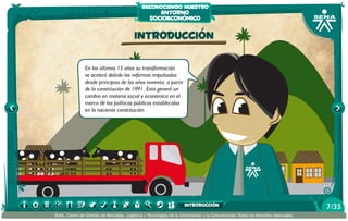reconociendo nuestro

entorno
socioeconómico

Introducción
En los últimos 15 años su transformación
se aceleró debido las reformas impulsadas
desde principios de los años noventa, a partir
de la constitución de 1991. Esto generó un
cambio en materia social y económica en el
marco de las políticas públicas establecidas
en la naciente constitución.

introducción
SENA, Centro de Gestión de Mercados, Logística y Tecnologías de la Información y la Comunicación.Todos los derechos reservados

7 /33

 