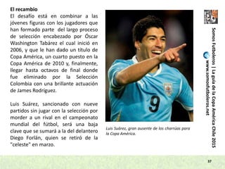 37
El recambio
El desafío está en combinar a las
jóvenes figuras con los jugadores que
han formado parte del largo proceso
de selección encabezado por Óscar
Washington Tabárez el cual inició en
2006, y que le han dado un título de
Copa América, un cuarto puesto en la
Copa América de 2010 y, finalmente,
llegar hasta octavos de final donde
fue eliminado por la Selección
Colombia con una brillante actuación
de James Rodríguez.
Luis Suárez, sancionado con nueve
partidos sin jugar con la selección por
morder a un rival en el campeonato
mundial del fútbol, será una baja
clave que se sumará a la del delantero
Diego Forlán, quien se retiró de la
"celeste" en marzo.
SomosFutboleros|LaguíadelaCopaAméricaChile2015
www.somosfutboleros.net
Luis Suárez, gran ausente de los charrúas para
la Copa América.
 