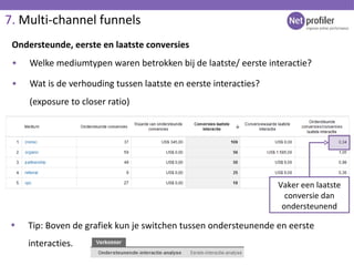 7.  Multi-channel funnels <ul><li>Welke mediumtypen waren betrokken bij de laatste/ eerste interactie? </li></ul><ul><li>W...