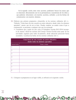 14
EL CONSEJO TÉCNICO ESCOLAR
En la segunda sesión, entre otras acciones, podríamos buscar las causas que
se relacionan directamente con la no permanencia o ausentismo de los niños y
que pudieran relacionarse con nuestras acciones, actitudes y con las formas de
comunicarnos con nuestros alumnos.
10. Elaboren una primera propuesta a desarrollar en las sesiones ordinarias del CTE.
Titúlenla: "Cómo hacer de esta escuela un centro educativo donde todos los alumnos
aprenden", puesto que de eso se trata. Pueden emplear un cuadro como el que a
continuación se presenta o cualquier otro que les acomode.
• Consideren que a partir de este ciclo, el Calendario Escolar 2013-2014 incorpo-
ra de manera oficial las sesiones del Consejo Técnico Escolar como parte de las
actividades regulares para todos los planteles, desde educación preescolar hasta
secundaria. Localicen las fechas de las sesiones ordinarias del CTE.
Cómo hacer de esta escuela un centro educativo
donde todos los alumnos aprenden
Sesión/fecha Temas a tratar
1
2
3
4
5
6
7
8
11. Coloquen su propuesta en un lugar visible, se utilizará en la siguiente sesión.
 