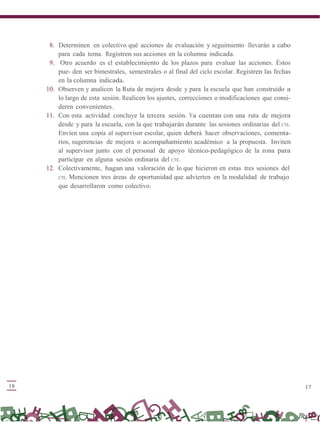 17
8. Determinen en colectivo qué acciones de evaluación y seguimiento llevarán a cabo
para cada tema. Registren sus acciones en la columna indicada.
9. Otro acuerdo es el establecimiento de los plazos para evaluar las acciones. Éstos
pue- den ser bimestrales, semestrales o al final del ciclo escolar. Registren las fechas
en la columna indicada.
10. Observen y analicen la Ruta de mejora desde y para la escuela que han construido a
lo largo de esta sesión. Realicen los ajustes, correcciones o modificaciones que consi-
deren convenientes.
11. Con esta actividad concluye la tercera sesión. Ya cuentan con una ruta de mejora
desde y para la escuela, con la que trabajarán durante las sesiones ordinarias del CTE.
Envíen una copia al supervisor escolar, quien deberá hacer observaciones, comenta-
rios, sugerencias de mejora o acompañamiento académico a la propuesta. Inviten
al supervisor junto con el personal de apoyo técnico-pedagógico de la zona para
participar en alguna sesión ordinaria del CTE.
12. Colectivamente, hagan una valoración de lo que hicieron en estas tres sesiones del
CTE. Mencionen tres áreas de oportunidad que advierten en la modalidad de trabajo
que desarrollaron como colectivo.
18
 