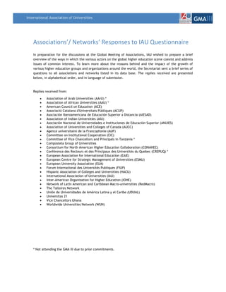 International Association of Universities
                                                                                                                 GMAIII


    Associations’/ Networks’ Responses to IAU Questionnaire  
    In preparation for the discussions at the Global Meeting of Associations, IAU wished to prepare a brief
    overview of the ways in which the various actors on the global higher education scene coexist and address
    issues of common interest. To learn more about the reasons behind and the impact of the growth of
    various higher education groups and organizations around the world, the Secretariat sent a brief series of
    questions to all associations and networks listed in its data base. The replies received are presented
    below, in alphabetical order, and in language of submission.



    Replies received from:

        •   Association of Arab Universities (AArU) *
        •   Association of African Universities (AAU) *
        •   American Council on Education (ACE)
        •   Associació Catalana d'Universitats Públiques (ACUP)
        •   Asociación Iberoamericana de Educación Superior a Distancia (AIESAD)
        •   Association of Indian Universities (AIU)
        •   Asociación Nacional de Universidades e Instituciones de Educación Superior (ANUIES)
        •   Association of Universities and Colleges of Canada (AUCC)
        •   Agence universitaire de la Francophonie (AUF)
        •   Committee on Institutional Cooperation (CIC)
        •   Committee of Vice Chancellors and Principals in Tanzania *
        •   Compostela Group of Universities
        •   Consortium for North American Higher Education Collaboration (CONAHEC)
        •   Conférence des Recteurs et des Principaux des Universités du Quebec (CREPUQ) *
        •   European Association for International Education (EAIE)
        •   European Centre for Strategic Management of Universities (ESMU)
        •   European University Association (EUA)
        •   Forum International des Universités Publiques (FIUP)
        •   Hispanic Association of Colleges and Universities (HACU)
        •   International Association of Universities (IAU)
        •   Inter-American Organization for Higher Education (IOHE)
        •   Network of Latin American and Caribbean Macro-universities (RedMacro)
        •   The Talloires Network
        •   Unión de Universidades de América Latina y el Caribe (UDUAL)
        •   Universitas 21
        •   Vice Chancellors Ghana
        •   Worldwide Universities Network (WUN)




    * Not attending the GMA III due to prior commitments.
 