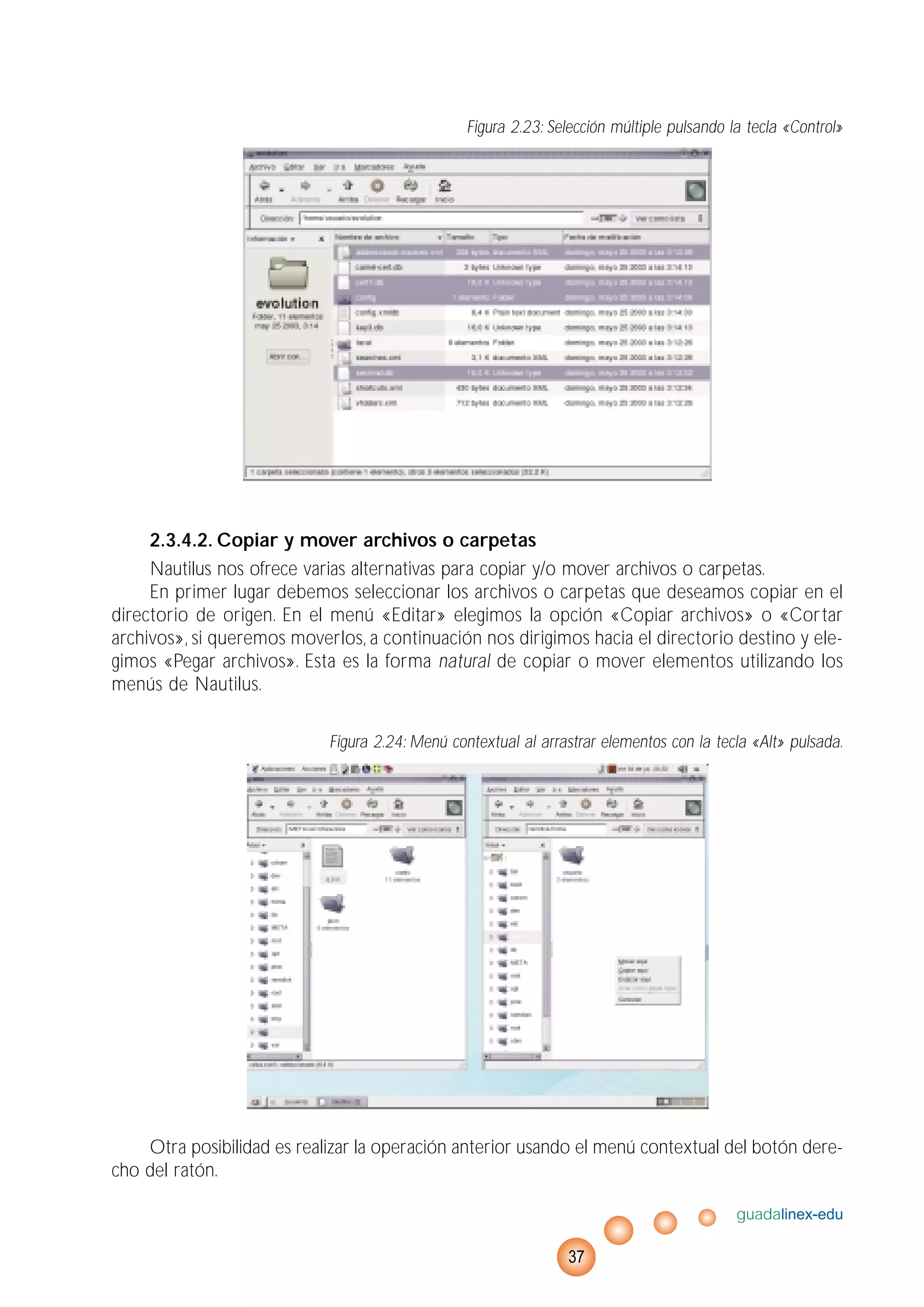Figura 2.23: Selección múltiple pulsando la tecla «Control»
2.3.4.2. Copiar y mover archivos o carpetas
Nautilus nos ofrece varias alternativas para copiar y/o mover archivos o carpetas.
En primer lugar debemos seleccionar los archivos o carpetas que deseamos copiar en el
directorio de origen. En el menú «Editar» elegimos la opción «Copiar archivos» o «Cortar
archivos», si queremos moverlos, a continuación nos dirigimos hacia el directorio destino y ele-
gimos «Pegar archivos». Esta es la forma natural de copiar o mover elementos utilizando los
menús de Nautilus.
Figura 2.24: Menú contextual al arrastrar elementos con la tecla «Alt» pulsada.
Otra posibilidad es realizar la operación anterior usando el menú contextual del botón dere-
cho del ratón.
guadalinex-edu
37
 