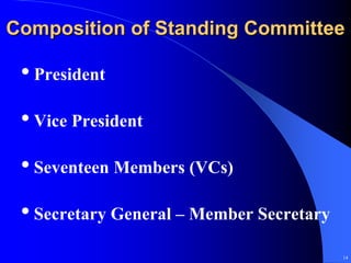 Composition of Standing Committee

 • President
 • Vice President
 • Seventeen Members (VCs)
 • Secretary General – Member Secretary
                                          14
 