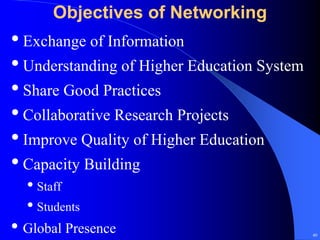 Objectives of Networking
• Exchange of Information
• Understanding of Higher Education System
• Share Good Practices
• Collaborative Research Projects
• Improve Quality of Higher Education
• Capacity Building
  • Staff
  • Students
• Global Presence                            40
 
