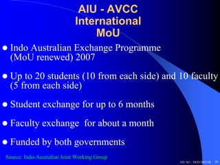 AIU - AVCC
                             International
                                 MoU
 Indo Australian Exchange Programme
 (MoU renewed) 2007
 Up to 20 students (10 from each side) and 10 faculty
 (5 from each side)
 Student exchange for up to 6 months
 Faculty exchange for about a month
 Funded by both governments
Source: Indo-Australian Joint Working Group
                                              AIU SG – DGD 2007-08   44
 