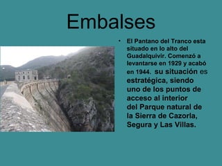 Embalses
    •   El Pantano del Tranco esta
        situado en lo alto del
        Guadalquivir. Comenzó a
        levantarse en 1929 y acabó
        en 1944. su situación es
        estratégica, siendo
        uno de los puntos de
        acceso al interior
        del Parque natural de
        la Sierra de Cazorla,
        Segura y Las Villas.
 