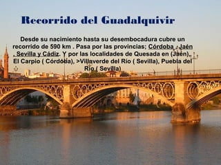 Recorrido del Guadalquivir
   Desde su nacimiento hasta su desembocadura cubre un
recorrido de 590 km . Pasa por las provincias; Córdoba , Jaén
, Sevilla y Cádiz. Y por las localidades de Quesada en (Jaén),
El Carpio ( Córdoba), >Villaverde del Río ( Sevilla), Puebla del
                           Río ( Sevilla)
 
