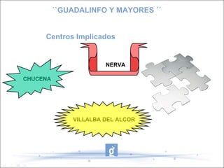 ``GUADALINFO Y MAYORES ´´ Misión . . . PREPARAR A LAS PERSONAS CON DEFICIT TECNOLÓGICO Y COMUNICATIVO PARA SER CAPAZ DE PARTICIPAR EN LA SOCIEDAD DE LA INFORMACIÓN EXPERIENCIA EN TECNOLOGIA DE LA INFORMACIÓN QUE REQUIEREN LOS CIUDADANOS ADULTOS TENIENDO COMO BASE EN LAS PEQUEÑAS LOCALIDADES ONUBENSES PLANTEAMOS - REFLEXIÓN GENERAL  - PROPUESTA DE INTERES DE INTERVENCIÓN A LA HORA DE AFRONTAR NUEVOS RETOS  ORIENTADOS A LAS  TICS EN CENTROS DE ADULTO 