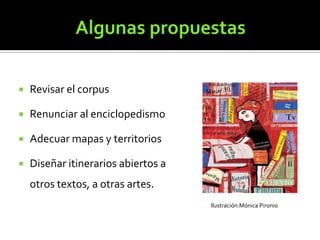 

Revisar el corpus



Renunciar al enciclopedismo



Adecuar mapas y territorios



Diseñar itinerarios abiertos a

otros textos, a otras artes.
Ilustración:Mónica Pironio

 