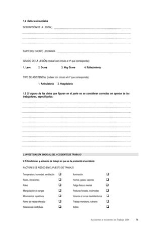 1.4 Datos asistenciales

DESCRIPCIÓN DE LA LESIÓN:)




PARTE DEL CUERPO LESIONADA



GRADO DE LA LESIÓN (rodear con círculo el nº que corresponda):

1. Leve          2. Grave              3. Muy Grave                 4. Fallecimiento


TIPO DE ASISTENCIA: (rodear con círculo el nº que corresponda):

                 1. Ambulatoria     2. Hospitalaria


1.5 Si alguno de los datos que figuran en el parte no se consideran correctos en opinión de los
trabajadores, especificarlos:




2. INVESTIGACIÓN SINDICAL DEL ACCIDENTE DE TRABAJO

2.1 Condiciones y ambiente de trabajo en que se ha producido el accidente

FACTORES DE RIESGO EN EL PUESTO DE TRABAJO

Temperatura, humedad, ventilación                     Iluminación

Ruido, vibraciones                                    Humos, gases, vapores

Polvo                                                 Fatiga física o mental

Manipulación de cargas                                Posturas forzada, incómodas

Movimientos repetitivos                               Horarios o turnos insatisfactorios

Ritmo de trabajo elevado                              Trabajo monótono, rutinario

Relaciones conflictivas                               Estrés




                                                                          Accidentes e Incidentes de Trabajo 2004   74
 