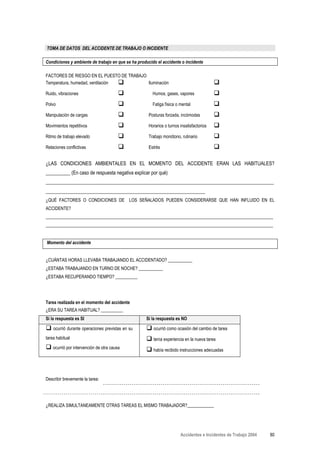 TOMA DE DATOS DEL ACCIDENTE DE TRABAJO O INCIDENTE

Condiciones y ambiente de trabajo en que se ha producido el accidente o incidente

FACTORES DE RIESGO EN EL PUESTO DE TRABAJO
Temperatura, humedad, ventilación          Iluminación

Ruido, vibraciones                                     Humos, gases, vapores

Polvo                                                  Fatiga física o mental

Manipulación de cargas                               Posturas forzada, incómodas

Movimientos repetitivos                              Horarios o turnos insatisfactorios

Ritmo de trabajo elevado                             Trabajo monótono, rutinario

Relaciones conflictivas                              Estrés


¿LAS CONDICIONES AMBIENTALES EN EL MOMENTO DEL ACCIDENTE ERAN LAS HABITUALES?
__________ (En caso de respuesta negativa explicar por qué)
_____________________________________________________________________________________________
_________________________________________________________________
¿QUÉ FACTORES O CONDICIONES DE LOS SEÑALADOS PUEDEN CONSIDERARSE QUE HAN INFLUIDO EN EL
ACCIDENTE?
_______________________________________________________________________________________________________
_______________________________________________________________________________________________________


Momento del accidente


¿CUÁNTAS HORAS LLEVABA TRABAJANDO EL ACCIDENTADO? ___________
¿ESTABA TRABAJANDO EN TURNO DE NOCHE? ___________
¿ESTABA RECUPERANDO TIEMPO? __________




Tarea realizada en el momento del accidente
¿ERA SU TAREA HABITUAL? __________
Si la respuesta es SI                              Si la respuesta es NO

    ocurrió durante operaciones previstas en su        ocurrió como ocasión del cambio de tarea
tarea habitual                                         tenía experiencia en la nueva tarea
    ocurrió por intervención de otra causa             había recibido instrucciones adecuadas




Describir brevemente la tarea:




¿REALIZA SIMULTANEAMENTE OTRAS TAREAS EL MISMO TRABAJADOR?____________




                                                                       Accidentes e Incidentes de Trabajo 2004   80
 