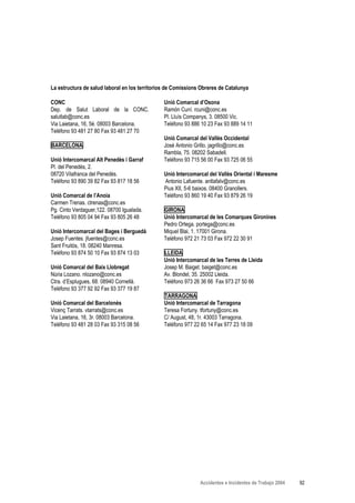 La estructura de salud laboral en los territorios de Comissions Obreres de Catalunya

CONC                                            Unió Comarcal d’Osona
Dep. de Salut Laboral de la CONC.               Ramón Cuní. rcuni@conc.es
salutlab@conc.es                                Pl. Lluís Companys, 3. 08500 Vic.
Via Laietana, 16, 5è. 08003 Barcelona.          Teléfono 93 886 10 23 Fax 93 889 14 11
Teléfono 93 481 27 80 Fax 93 481 27 70
                                                Unió Comarcal del Vallès Occidental
BARCELONA                                       José Antonio Grillo. jagrillo@conc.es
                                                Rambla, 75. 08202 Sabadell.
Unió Intercomarcal Alt Penedès i Garraf         Teléfono 93 715 56 00 Fax 93 725 06 55
Pl. del Penedès, 2.
08720 Vilafranca del Penedès.                   Unió Intercomarcal del Vallès Oriental i Maresme
Teléfono 93 890 39 82 Fax 93 817 18 56          Antonio Lafuente. antlafalv@conc.es
                                                Pius XII, 5-6 baixos. 08400 Granollers.
Unió Comarcal de l’Anoia                        Teléfono 93 860 19 40 Fax 93 879 26 19
Carmen Trenas. ctrenas@conc.es
Pg. Cinto Verdaguer,122. 08700 Igualada.        GIRONA
Teléfono 93 805 04 94 Fax 93 805 26 48          Unió Intercomarcal de les Comarques Gironines
                                                Pedro Ortega. portega@conc.es
Unió Intercomarcal del Bages i Berguedà         Miquel Blai, 1. 17001 Girona.
Josep Fuentes. jfuentes@conc.es                 Teléfono 972 21 73 03 Fax 972 22 30 91
Sant Fruitós, 18. 08240 Manresa.
Teléfono 93 874 50 10 Fax 93 874 13 03          LLEIDA
                                                Unió Intercomarcal de les Terres de Lleida
Unió Comarcal del Baix Llobregat                Josep M. Baiget. baiget@conc.es
Núria Lozano. nlozano@conc.es                   Av. Blondel, 35. 25002 Lleida.
Ctra. d’Esplugues, 68. 08940 Cornellà.          Teléfono 973 26 36 66 Fax 973 27 50 66
Teléfono 93 377 92 92 Fax 93 377 19 87
                                                TARRAGONA
Unió Comarcal del Barcelonès                    Unió Intercomarcal de Tarragona
Vicenç Tarrats. vtarrats@conc.es                Teresa Fortuny. tfortuny@conc.es
Via Laietana, 16, 3r. 08003 Barcelona.          C/ August, 48, 1r. 43003 Tarragona.
Teléfono 93 481 28 03 Fax 93 315 08 56          Teléfono 977 22 65 14 Fax 977 23 18 09




                                                               Accidentes e Incidentes de Trabajo 2004   92
 