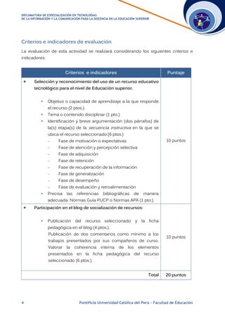 DDIIPPLLOOMMAATTUURRAA DDEE EESSPPEECCIIAALLIIZZAACCIIÓÓNN EENN TTEECCNNOOLLOOGGÍÍAASS
DDEE LLAA IINNFFOORRMMAACCIIÓÓNN YY LLAA CCOOMMUUNNIICCAACCIIÓÓNN PPAARRAA LLAA DDOOCCEENNCCIIAA EENN LLAA EEDDUUCCAACCIIÓÓNN SSUUPPEERRIIOORR
4 Pontificia Universidad Católica del Perú – Facultad de Educación
Criterios e indicadores de evaluación
La evaluación de esta actividad se realizará considerando los siguientes criterios e
indicadores:
Criterios e indicadores Puntaje
 Selección y reconocimiento del uso de un recurso educativo
tecnológico para el nivel de Educación superior.
 Objetivo o capacidad de aprendizaje a la que responde
el recurso (2 ptos.).
 Tema o contenido disciplinar (1 pto.).
 Identificación y breve argumentación (dos párrafos) de
la(s) etapa(s) de la secuencia instructiva en la que se
ubica el recurso seleccionado:(6 ptos.)
 Fase de motivación o expectativas
 Fase de atención y percepción selectiva
 Fase de adquisición
 Fase de retención
 Fase de recuperación de la información
 Fase de generalización
 Fase de desempeño
 Fase de evaluación y retroalimentación
 Precisa las referencias bibliográficas de manera
adecuada: Normas Guía PUCP o Normas APA (1 pto.).
10 puntos
 Participación en el blog de socialización de recursos:
 Publicación del recurso seleccionado y la ficha
pedagógica en el blog (4 ptos.).
Publicación de dos comentarios como mínimo a los
trabajos presentados por sus compañeros de curso.
Valorar la coherencia interna de los elementos
presentados en la ficha pedagógica del recurso
seleccionado (6 ptos.).
10 puntos
Total 20 puntos
 