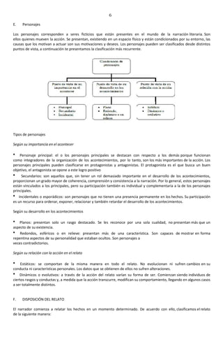 6
E. Personajes
Los personajes corresponden a seres ficticios que están presentes en el mundo de la narración literaria. Son
ellos quienes mueven la acción. Se presentan, existiendo en un espacio físico y están condicionados por su entorno, las
causas que los motivan a actuar son sus motivaciones y deseos. Los personajes pueden ser clasificados desde distintos
puntos de vista, a continuación te presentamos la clasificación más recurrente.
Tipos de personajes
Según su importancia en el acontecer
Personaje principal: el o los personajes principales se destacan con respecto a los demás porque funcionan
como integradores de la organización de los acontecimientos, por lo tanto, son los más importantes de la acción. Los
personajes principales pueden clasificarse en protagonistas y antagonistas. El protagonista es el que busca un buen
objetivo, el antagonista se opone a este logro positivo
Secundarios: son aquellos que, sin tener un rol demasiado importante en el desarrollo de los acontecimientos,
proporcionan un grado mayor de coherencia, comprensión y consistencia a la narración. Por lo general, estos personajes
están vinculados a los principales, pero su participación también es individual y complementaria a la de los personajes
principales.
Incidentales o esporádicos: son personajes que no tienen una presencia permanente en los hechos. Su participación
es un recurso para ordenar, exponer, relacionar y también retardar el desarrollo de los acontecimientos.
Según su desarrollo en los acontecimientos
Planos: presentan solo un rasgo destacado. Se les reconoce por una sola cualidad, no presentan más que un
aspecto de su existencia.
Redondos, esféricos o en relieve: presentan más de una característica. Son capaces de mostrar en forma
repentina aspectos de su personalidad que estaban ocultos. Son personajes a
veces contradictorios.
Según su relación con la acción en el relato
Estáticos: se comportan de la misma manera en todo el relato. No evolucionan ni sufren cambios en su
conducta ni características personales. Los datos que se obtienen de ellos no sufren alteraciones.
Dinámicos o evolutivos: a través de la acción del relato varían su forma de ser. Comienzan siendo individuos de
ciertos rasgos y conductas y, a medida que la acción transcurre, modifican su comportamiento, llegando en algunos casos
a ser totalmente distintos.
F. DISPOSICIÓN DEL RELATO
El narrador comienza a relatar los hechos en un momento determinado. De acuerdo con ello, clasificamos el relato
de la siguiente manera:
 