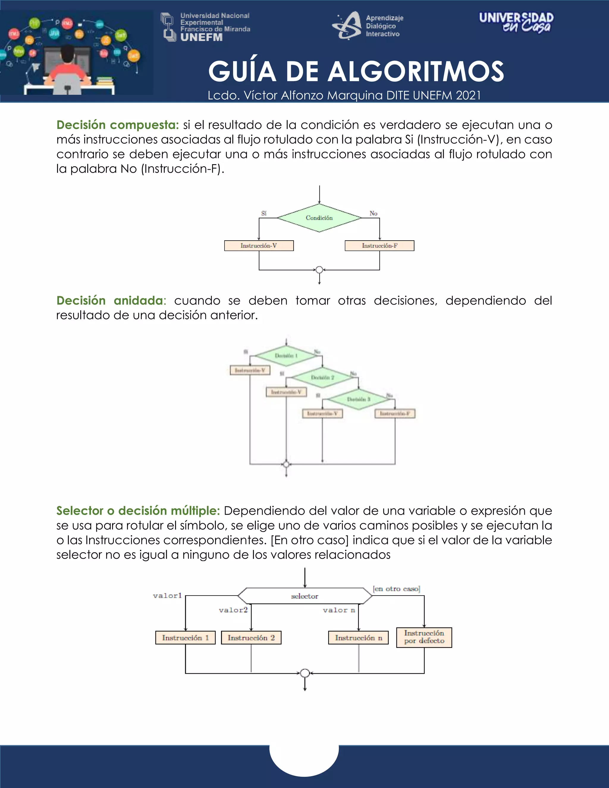 GUÍA DE ALGORITMOS
Lcdo. Víctor Alfonzo Marquina DITE UNEFM 2021
Decisión compuesta: si el resultado de la condición es verdadero se ejecutan una o
más instrucciones asociadas al flujo rotulado con la palabra Si (Instrucción-V), en caso
contrario se deben ejecutar una o más instrucciones asociadas al flujo rotulado con
la palabra No (Instrucción-F).
Decisión anidada: cuando se deben tomar otras decisiones, dependiendo del
resultado de una decisión anterior.
Selector o decisión múltiple: Dependiendo del valor de una variable o expresión que
se usa para rotular el símbolo, se elige uno de varios caminos posibles y se ejecutan la
o las Instrucciones correspondientes. [En otro caso] indica que si el valor de la variable
selector no es igual a ninguno de los valores relacionados
 