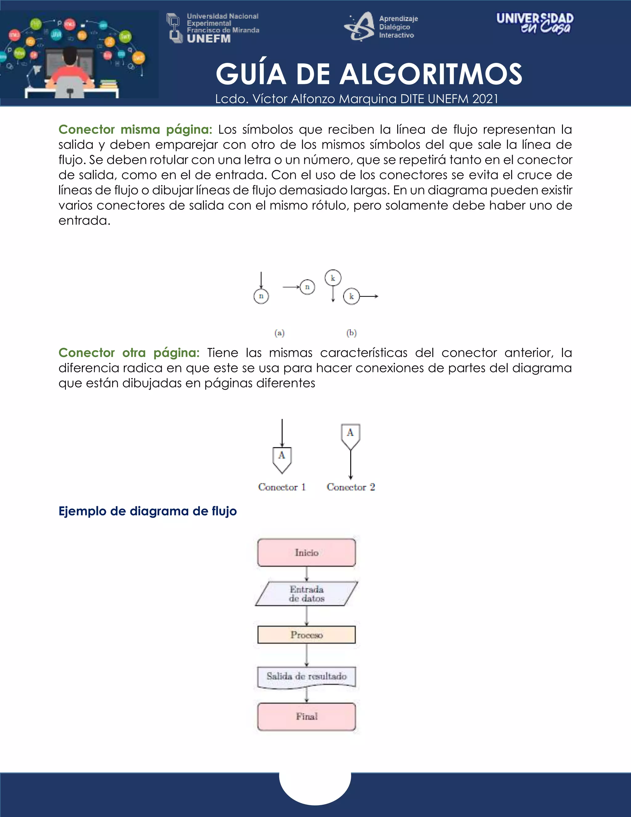 GUÍA DE ALGORITMOS
Lcdo. Víctor Alfonzo Marquina DITE UNEFM 2021
Conector misma página: Los símbolos que reciben la línea de flujo representan la
salida y deben emparejar con otro de los mismos símbolos del que sale la línea de
flujo. Se deben rotular con una letra o un número, que se repetirá tanto en el conector
de salida, como en el de entrada. Con el uso de los conectores se evita el cruce de
líneas de flujo o dibujar líneas de flujo demasiado largas. En un diagrama pueden existir
varios conectores de salida con el mismo rótulo, pero solamente debe haber uno de
entrada.
Conector otra página: Tiene las mismas características del conector anterior, la
diferencia radica en que este se usa para hacer conexiones de partes del diagrama
que están dibujadas en páginas diferentes
Ejemplo de diagrama de flujo
 