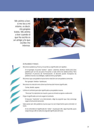 Me animo a leer,
      si me leo a mí
  mismo, es decir,
         mis propios
 textos. Me animo
   a leer cuando el
  que ha escrito es
un amigo y lo que
          escribe me
            interesa.




           B) PALABRAS Y FRASES
           Reconoce palabras y frases y recuerda su significado con rapidez.
              En el ejemplo, recuerda “andros”, “ginos”, soberbia, destituir, hastío (cito estas
              palabras por ser de uso poco frecuente o nulo entres los adolescentes). Para
              dinamizar el proceso de memorización, el docente puede incorporar las
              palabras nuevas a sus diálogos, explicaciones y ejemplos.
           Reconoce que una palabra nueva tiene relación con una palabra conocida.
              Por ejemplo: hambre hambruna.
           Reconoce la relación entre diversas formas del mismo significado.
              Cortar, dividir, separar.
           Utiliza el contexto para dar significado a una palabra nueva.
              “Perecían” lo relaciona con muerte, pues en el texto se opone a sobrevivir.
           Elige el significado correcto según el contexto.
              Si buscara “inanición” en el diccionario, elige la acepción que más convenga
              según el tema de la narración.
           Sabe pasar por alto palabras nuevas que no son importantes para entender el
           texto.
              Si no entendiera el significado de “ardor”, lo pasa por alto, sigue leyendo, pues
              sospecha que allí no radica la carga del significado del texto.




                                                                                                   39
 