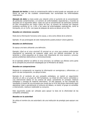 Ejemplo de hecho: La tesis la contaminación daña la salud puede ser apoyada con el
hecho de que en las ciudades contaminad...