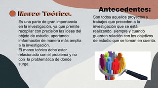 Marco Teórico.
Marco Teórico.
Es una parte de gran importancia
en la investigación, ya que premite
recopilar con precisión las ideas del
objeto de estudio, aportando
imformación de manera más amplia
a la investigación.
El marco teórico debe estar
relacionado con el problema y no
con la problemática de donde
surge.
Antecedentes:
Son todos aquellos proyectos y
trabajos que preceden a la
investigación que se está
realizando, siempre y cuando
guarden relación con los objetivos
de estudio que se toman en cuenta.
 