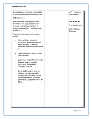Guía de Aprendizaje
Página 4 de 8
identificados en el material desarrollado
en las primeras actividades de esta guía.
De Desempeño:
Para desarrollar este ejercicio, usted
deberá crear un bloque de texto con
atributos, insertarlo y editarlo en el
proyecto seleccionado y realizado en la
semana N° 2.
Para hacerlo correctamente, tenga en
cuenta:
 Información del enlace del
documento “Generalidades del
Plano (Páginas 12 a la 16),
disponible en el espacio actividad
3.
 Las dimensiones (ancho y largo)
de su proyecto.
 Determinar el tamaño del formato
de papel para su proyecto y
elaborar en AutoCAD las
márgenes y rótulos.
 Crear los bloques de texto con
atributos con base a modelo
suministrado y editarlos con los
datos del programa, sus datos
personales, y especificaciones del
dibujo.
V.P.= Valoración
de productos
INSTRUMENTO
C. = Cuestionario
L.Ch.= Lista de
Chequeo
 