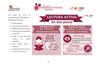 19
Para realizar una lectura en
profundidad puedes seguir algunas de
las siguientes indicaciones:
 Subrayar párrafos.
 Subrayar las ideas principales.
 Realizar anotaciones al margen.
 Volver a leer lo subrayado cada
2-3 párrafos.
 Escribir las ideas clave para
recordar los puntos
importantes.
 Hacer bocetos, mapas o
diagramas.
 Identificar y definir los términos
que no te son familiares.
 