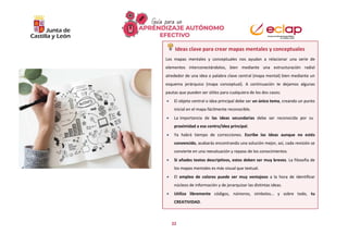 22
Ideas clave para crear mapas mentales y conceptuales
Los mapas mentales y conceptuales nos ayudan a relacionar una serie de
elementos interconectándolos, bien mediante una estructuración radial
alrededor de una idea o palabra clave central (mapa mental) bien mediante un
esquema jerárquico (mapa conceptual). A continuación te dejamos algunas
pautas que pueden ser útiles para cualquiera de los dos casos:
 El objeto central o idea principal debe ser un único tema, creando un punto
inicial en el mapa fácilmente reconocible.
 La importancia de las ideas secundarias debe ser reconocida por su
proximidad a ese centro/idea principal.
 Ya habrá tiempo de correcciones. Escribe las ideas aunque no estés
convencido, acabarás encontrando una solución mejor, así, cada revisión se
convierte en una reevaluación y repaso de los conocimientos.
 Si añades textos descriptivos, estos deben ser muy breves. La filosofía de
los mapas mentales es más visual que textual.
 El empleo de colores puede ser muy ventajoso a la hora de identificar
núcleos de información y de jerarquizar las distintas ideas.
 Utiliza libremente códigos, números, símbolos… y sobre todo, tu
CREATIVIDAD.
 