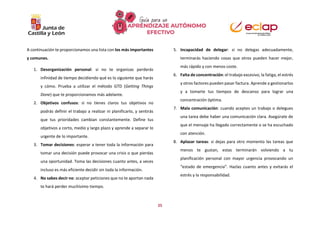 25
A continuación te proporcionamos una lista con los más importantes
y comunes.
1. Desorganización personal: si no te organizas perderás
infinidad de tiempo decidiendo qué es lo siguiente que harás
y cómo. Prueba a utilizar el método GTD (Getting Things
Done) que te proporcionamos más adelante.
2. Objetivos confusos: si no tienes claros tus objetivos no
podrás definir el trabajo a realizar ni planificarlo, y sentirás
que tus prioridades cambian constantemente. Define tus
objetivos a corto, medio y largo plazo y aprende a separar lo
urgente de lo importante.
3. Tomar decisiones: esperar a tener toda la información para
tomar una decisión puede provocar una crisis o que pierdas
una oportunidad. Toma las decisiones cuanto antes, a veces
incluso es más eficiente decidir sin toda la información.
4. No sabes decir no: aceptar peticiones que no te aportan nada
te hará perder muchísimo tiempo.
5. Incapacidad de delegar: si no delegas adecuadamente,
terminarás haciendo cosas que otros pueden hacer mejor,
más rápido y con menos coste.
6. Falta de concentración: el trabajo excesivo, la fatiga, el estrés
y otros factores pueden pasar factura. Aprende a gestionarlos
y a tomarte tus tiempos de descanso para lograr una
concentración óptima.
7. Mala comunicación: cuando aceptes un trabajo o delegues
una tarea debe haber una comunicación clara. Asegúrate de
que el mensaje ha llegado correctamente o se ha escuchado
con atención.
8. Aplazar tareas: si dejas para otro momento las tareas que
menos te gustan, estas terminarán volviendo a tu
planificación personal con mayor urgencia provocando un
“estado de emergencia”. Hazlas cuanto antes y evitarás el
estrés y la responsabilidad.
 