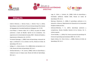 32
Bibliografía
- Cabrero Almenara, J., Barroso Osuna, J., Romero Tena, R., (2015),
Aprendizaje a través del Entorno Personal de Aprendizaje (PLE), Revista
de Pegagogía de la Sociedad Española de Pedagogía, Vol, 27, Nº2.
- Crisol Moya, E., Romero López, M. A., (2013), Las guías de trabajo
autónomo a través de Moodle. Opinión de los estudiantes. Una
experiencia en la Universidad de Granada, REXE – Revista de Estudios y
Experiencias en Educación, Vol. 12, Nº 23.
- Fernández Olaskoaga, L., (2008), Estilos de Aprendizaje, motivación de
logro y satisfacción en los contexto non-line, Revista de Estilos de
Aprendizaje, Nº2, Vol. 2.
- Gallego, D. J., Alonso García, C. M., (2008) Estilos de Aprender en el
S.XXI, Revista de Estilos de Aprendizaje, Nº2, Vol. 2.
- Giménez-Bertomeu, V. M. (coord.), (2008), Estilos de Aprendizaje y
método de caso en trabajo social, Revista de Estilos de Aprendizaje,
Nº2, Vol. 2.
- Lago, B., Colvin, L., Cacheiro, M., (2008). Estilos de Aprendizaje y
Actividades polifásicas: Modelo EAAP, Revista de Estilos de
Aprendizaje, Nº2, Vol. 2.
- Manrique Villaciencio, V., (2004), El aprendizaje autónomo en la
educación a distancia, Departamento de Educación de la Universidad
Pontificia Católica de Perú.
- Solórzano-Mendoza, Y. D., (2017), Aprendizaje autónomo y
competencias, Revista Científica Dominio de las Cienicas, Vol. 3,
número especial.
- Torres-Gordillo, J. J., (2016), PLE: Entorno personal de aprendizaje VS.
Entrono de aprendizaje personalizado, REOP, Vol. 27, Nº 3.
- Zapata Estéves, M., Flores Correa, L., (2008), Revista de Estilos de
Aprendizaje, Nº2, Vol. 2.
 