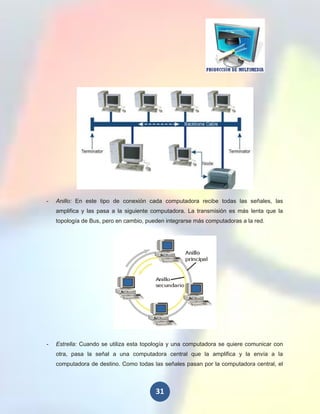 -   Anillo: En este tipo de conexión cada computadora recibe todas las señales, las
    amplifica y las pasa a la siguiente computadora. La transmisión es más lenta que la
    topología de Bus, pero en cambio, pueden integrarse más computadoras a la red.




-   Estrella: Cuando se utiliza esta topología y una computadora se quiere comunicar con
    otra, pasa la señal a una computadora central que la amplifica y la envía a la
    computadora de destino. Como todas las señales pasan por la computadora central, el



                                         31
 