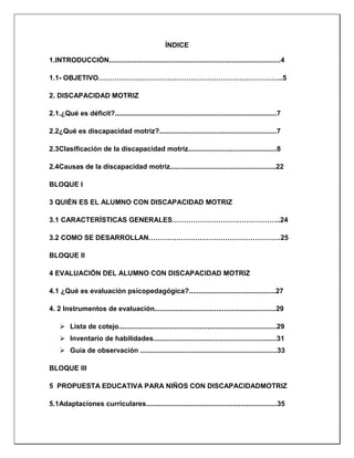 ÍNDICE
1.INTRODUCCIÓN.........................................................................................4
1.1- OBJETIVO……………………………………………………………………..5
2. DISCAPACIDAD MOTRIZ
2.1.¿Qué es déficit?....................................................................................7
2.2¿Qué es discapacidad motriz?.............................................................7
2.3Clasificación de la discapacidad motriz..............................................8
2.4Causas de la discapacidad motriz.......................................................22
BLOQUE I
3 QUIÉN ES EL ALUMNO CON DISCAPACIDAD MOTRIZ
3.1 CARACTERÍSTICAS GENERALES………………………………………..24
3.2 COMO SE DESARROLLAN…………………………………………………25
BLOQUE II
4 EVALUACIÓN DEL ALUMNO CON DISCAPACIDAD MOTRIZ
4.1 ¿Qué es evaluación psicopedagógica?.............................................27
4. 2 Instrumentos de evaluación...............................................................29
 Lista de cotejo..................................................................................29
 Inventario de habilidades................................................................31
 Guía de observación .......................................................................33
BLOQUE III
5 PROPUESTA EDUCATIVA PARA NIÑOS CON DISCAPACIDADMOTRIZ
5.1Adaptaciones curriculares....................................................................35
 