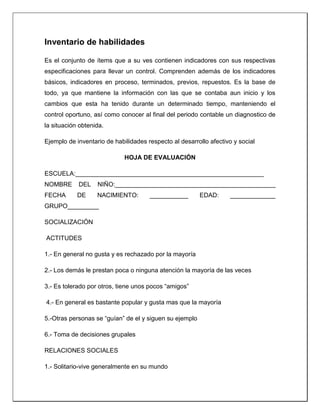 Inventario de habilidades
Es el conjunto de ítems que a su ves contienen indicadores con sus respectivas
especificaciones para llevar un control. Comprenden además de los indicadores
básicos, indicadores en proceso, terminados, previos, repuestos. Es la base de
todo, ya que mantiene la información con las que se contaba aun inicio y los
cambios que esta ha tenido durante un determinado tiempo, manteniendo el
control oportuno, así como conocer al final del periodo contable un diagnostico de
la situación obtenida.
Ejemplo de inventario de habilidades respecto al desarrollo afectivo y social
HOJA DE EVALUACIÓN
ESCUELA:______________________________________________________
NOMBRE DEL NIÑO:______________________________________________
FECHA DE NACIMIENTO: ___________ EDAD: _____________
GRUPO_________
SOCIALIZACIÓN
ACTITUDES
1.- En general no gusta y es rechazado por la mayoría
2.- Los demás le prestan poca o ninguna atención la mayoría de las veces
3.- Es tolerado por otros, tiene unos pocos “amigos”
4.- En general es bastante popular y gusta mas que la mayoría
5.-Otras personas se “guían” de el y siguen su ejemplo
6.- Toma de decisiones grupales
RELACIONES SOCIALES
1.- Solitario-vive generalmente en su mundo
 