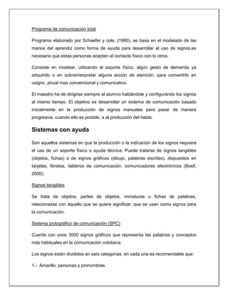Programa de comunicación total
Programa elaborado por Schaefer y cols. (1980), se basa en el modelado de las
manos del aprendiz como forma de ayuda para desarrollar el uso de signos,es
necesario que estas personas acepten el contacto físico con lo otros.
Consiste en modelar, utilizando el soporte físico, algún gesto de demanda ya
adquirido o en sobreinterpretar alguna acción de atención, para convertirlo en
usigno ,anual mas convencional y comunicativo.
El maestro ha de dirigirse siempre al alumno hablándole y configurándo los signos
al mismo tiempo. El objetivo es desarrollar un sistema de comunicación basado
inicialmente en la producción de signos manuales para pasar de manera
progresiva, cuando ello es posible, a al producción del habla.
Sistemas con ayuda
Son aquellos sistemas en que la producción o la indicación de los signos requiere
el uso de un soporte físico o ayuda técnica. Puede tratarse de signos tangibles
(objetos, fichas) o de signos gráficos (dibujo, palabras escritas), dispuestos en
tarjetas, libretas, tableros de comunicación, comunicadores electrónicos (Basil,
2000).
Signos tangibles
Se trata de objetos, partes de objetos, miniaturas o fichas de palabras,
relacionadas con aquello que se quiere significar, que se usan como signos para
la comunicación.
Sistema pictográfico de comunicación (SPC)
Cuenta con unos 3000 signos gráficos que representa las palabras y conceptos
más habituales en la comunicación cotidiana.
Los signos están divididos en seis categorías, en cada una es recomendable que:
1.- Amarillo: personas y pronombres
 