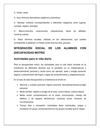 2.- Verde: verbo
3.- Azul: términos descriptivos (adjetivos y adverbios)
4.- Naranja: nombres correspondientes a diferentes categorías como lugares,
comidas, objetos, animales
5.- Blanco:artículos, conjunciones, preposiciones, letras de alfabeto,
números,colores
6.- Rosa: términos sociales, utilizado en las interacciones, que pueden
corresponder a palabras o a frases cortas (buenos días, gracias).
INTEGRACIÓN SOCIAL DE LOS ALUMNOS CON
DISCAPACIDAD MOTRIZ
Actividades para la vida diaria
Para la discapacidad motriz, las actividades para la vida diaria consiste en la
enseñanza de diferentes técnicas que lo ayudarán en su independencia y
desenvolvimiento personal y social como por ejemplo, aseo y arreglo personal,
higiene y ordenamiento del hogar y reglas de comportamiento y adaptaciónsocial.
En el caso de esta discapacidad su enseñanza se divide en:
 Atención y cuidado personal: higiene personal, desvestirse/vestirse,arreglo
personal.
 Medio familiar: higiene y arreglo de la casa, cocina básica, costura básica.
 Medio social: comportamiento en la mesa, comunicación, manejo del
teléfono y de equipos electrónicos, conducta social, iniciación de
conversaciones.
 Tiempo libre y recreación: actividades libres individuales, juegos y
recreación en grupo, comportamiento en los grupos sociales que le rodean.
 